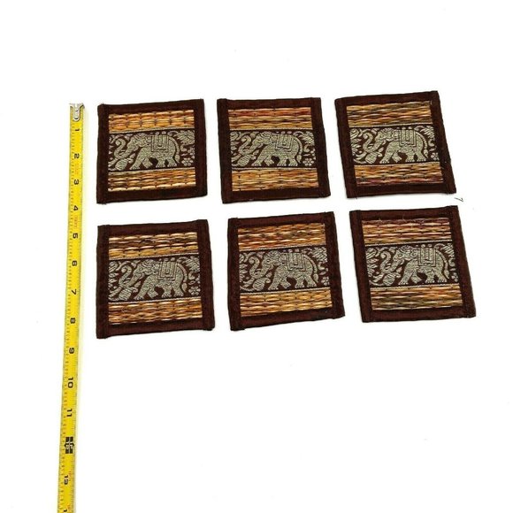 Set Of 6 Straw Embroidered Elephant Coasters With Satin Trim Bohemian Boho Decor - Picture 3 of 4